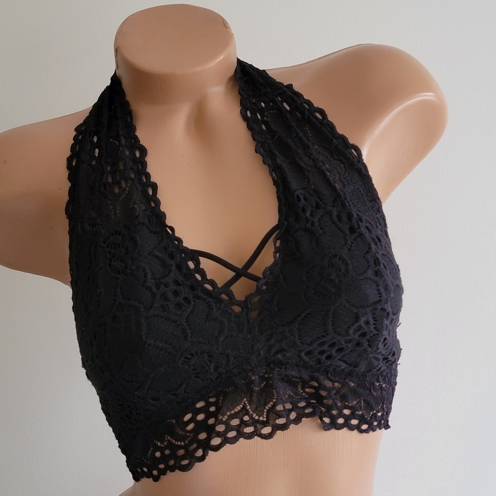 Lace Halter Bralette - Black Small Lightly Lined Chunky Lace